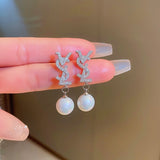 Silver Post Zircon Artificial Pearl Earrings