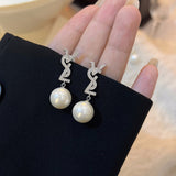 Silver Post Zircon Artificial Pearl Earrings