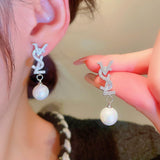 Silver Post Zircon Artificial Pearl Earrings