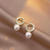 Silver Post Sparkling Diamond Pearl Stud Earrings