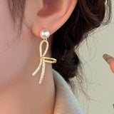 Silver Post Sparkling Zircon Bow Pearl Earrings