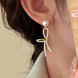 Silver Post Sparkling Zircon Bow Pearl Earrings