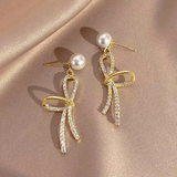 Silver Post Sparkling Zircon Bow Pearl Earrings