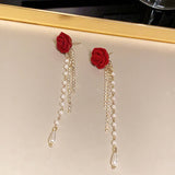 Silver Post Burgundy Rose Pearl Earrings