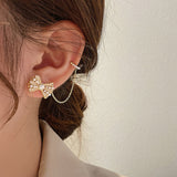 Silver Post Zircon Butterfly Pearl Cuff Earrings