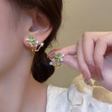 Silver Post Zircon Green Flower Earrings