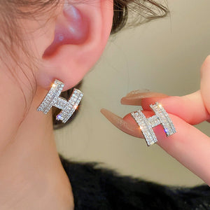 Silver Post Zircon H Letter Stud Earrings