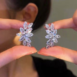 Silver Post Zircon Leaf Wheat Earrings