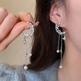 Silver Post Zircon Star Moon Pearl Earrings