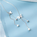 Sterling Silver Artificial Pearl And Butterfly Threader Earrings