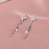 Sterling Silver Diamond Flower Pearl Earrings