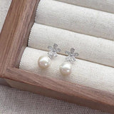 Sterling Silver Diamond Flower Pearl Earrings