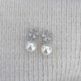 Sterling Silver Diamond Flower Pearl Earrings