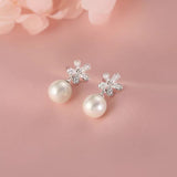 Sterling Silver Diamond Flower Pearl Earrings