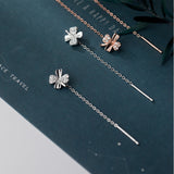 Sterling Silver Diamond Four-Leaf Flower Threader Earrings