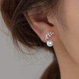 Sterling Silver Diamond Leaf Pearl Stud Earrings