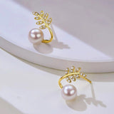 Sterling Silver Diamond Leaf Pearl Stud Earrings