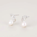 Sterling Silver Diamond Leaf Pearl Stud Earrings