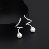 Sterling Silver Diamond Spiral Synthetic Pearl Earrings