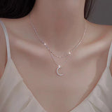 Sterling Silver Double-Layer Diamond Bling Moon Necklaces