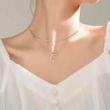 Sterling Silver Double-Layer Diamond Bling Moon Necklaces