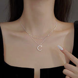 Sterling Silver Double-Layer Diamond Bling Moon Necklaces