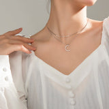 Sterling Silver Double-Layer Diamond Bling Moon Necklaces