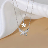 Sterling Silver Double-Layer Zircon Butterfly And Flower Necklaces