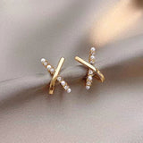 Sterling Silver Elegant Cross Pearl Stud Earrings