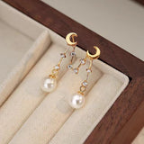 Sterling Silver Elegant Moon Star And Pearl Earrings