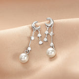 Sterling Silver Elegant Moon Star And Pearl Earrings