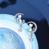 Sterling Silver Elegant Star And Moon Cat Stud Earrings