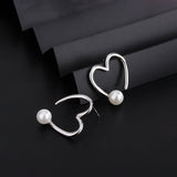 Sterling Silver Heart-Design Artificial Pearl Stud Earrings