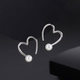 Sterling Silver Heart-Design Artificial Pearl Stud Earrings