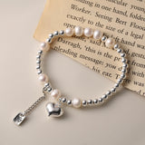 Sterling Silver Heart-Design Pearl Round Bead Square Bracklets