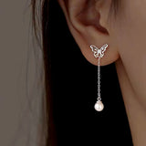 Sterling Silver Hollow Butterfly Pearl Earrings