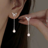 Sterling Silver Hollow Butterfly Pearl Earrings