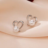 Sterling Silver Hollow Love Heart Pearl Stud Earrings