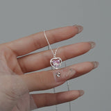 Sterling Silver Hollow Pink Diamond Heart Necklaces