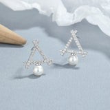 Sterling Silver Hollow Triangular Pearl Stud Earrings