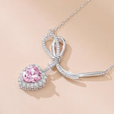 Sterling Silver Pink Zircon Heart-Design Bow Necklaces