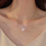 Sterling Silver Pink Zircon Heart-Design Bow Necklaces