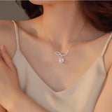 Sterling Silver Pink Zircon Heart-Design Bow Necklaces