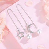 Sterling Silver Star And Moon Pearl Threader Earrings