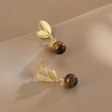 Sterling Silver Tiger Eye Stone Leaf Earrings