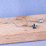 Sterling Silver Wavy Blue Star And Moon Threader Earrings