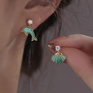 Sterling Silver Zircon Ocean Shell Dolphin Earrings