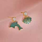 Sterling Silver Zircon Ocean Shell Dolphin Earrings