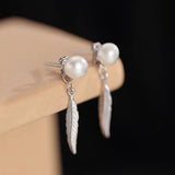 Sterling Silver pearl Feather Earrings