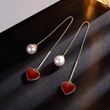 Sterling Silver Heart Artificial Pearl Threader Earrings